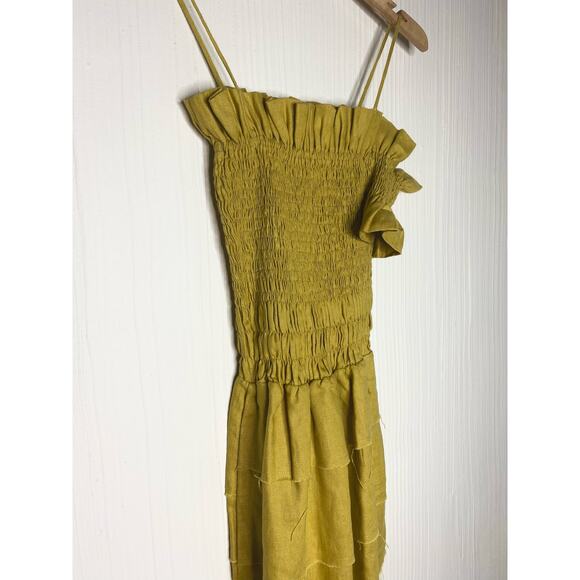 SIR. THE LABEL Mariele One Sleeve Smocked Bust Mustard Linen Mini Dress US SMALL - Picture 12 of 16